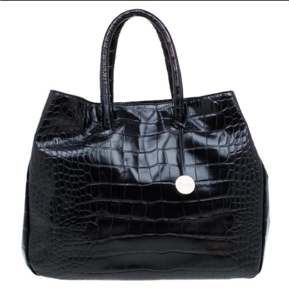 Furla Black Croc-Embossed Leather Double Handle Tote